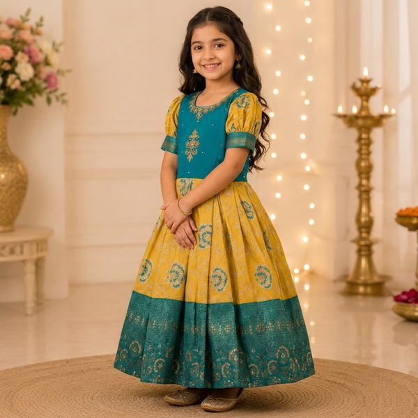 Kids Teal Blue & Mustard Yellow Brocade Party Wear Dress with Puff Sleeves