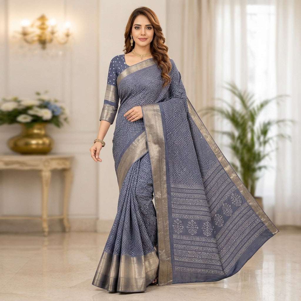 Elegant Steel Blue Handloom Saree with Silver Zari Border & Geometric Weaving