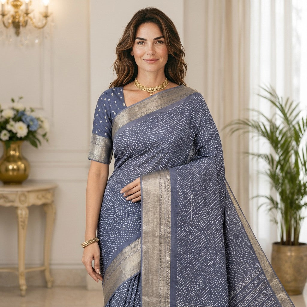 Elegant Steel Blue Handloom Saree with Silver Zari Border & Geometric Weaving