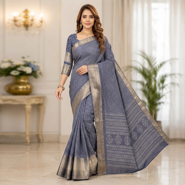Elegant Steel Blue Handloom Saree with Silver Zari Border & Geometric Weaving