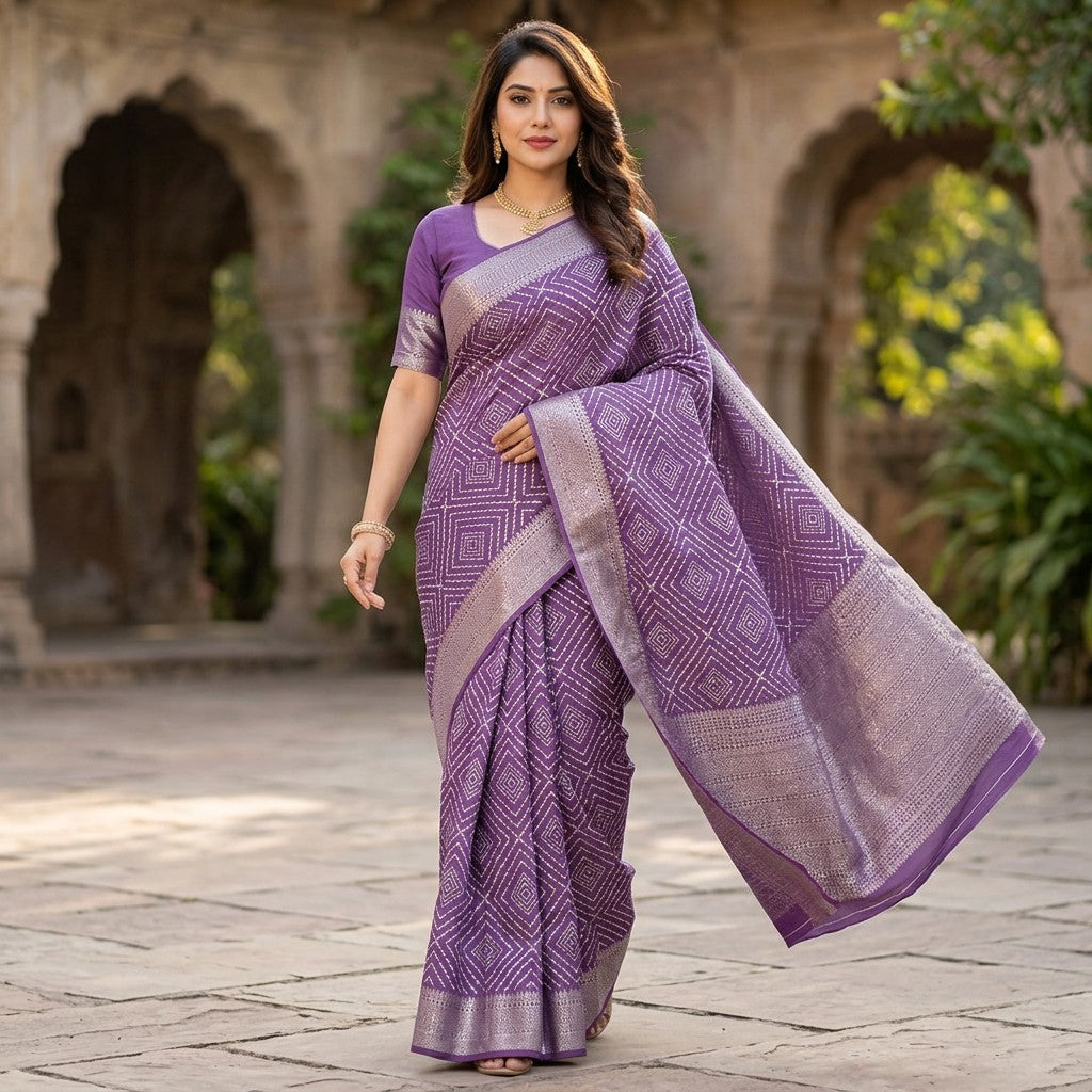 Elegant Lavender Geometric Print Saree with Silver Zari Border