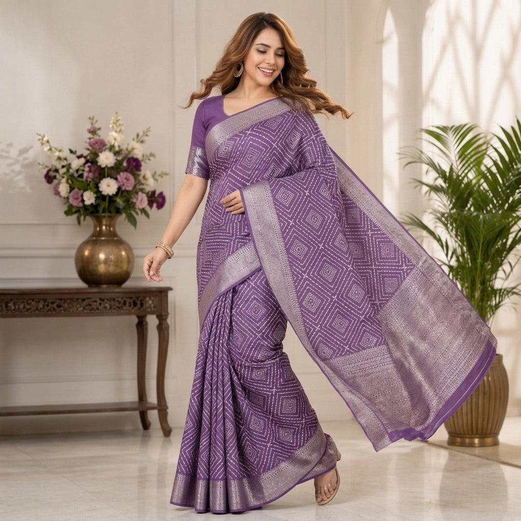 Elegant Lavender Geometric Print Saree with Silver Zari Border