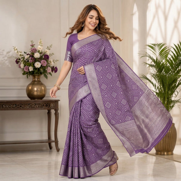 Elegant Lavender Geometric Print Saree with Silver Zari Border