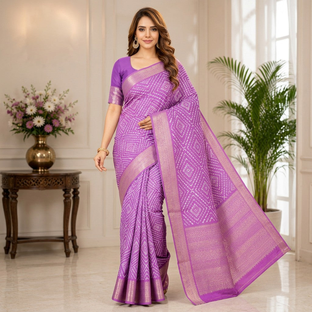 Graceful Lavender Geometric Print Saree with Silver Zari Border