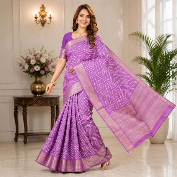 Graceful Lavender Geometric Print Saree with Silver Zari Border