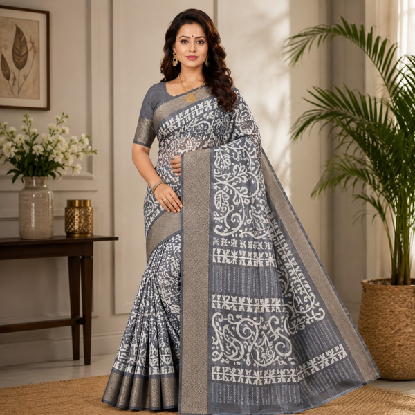 Elegant Grey & White Printed Saree with Rich Gold Zari Border