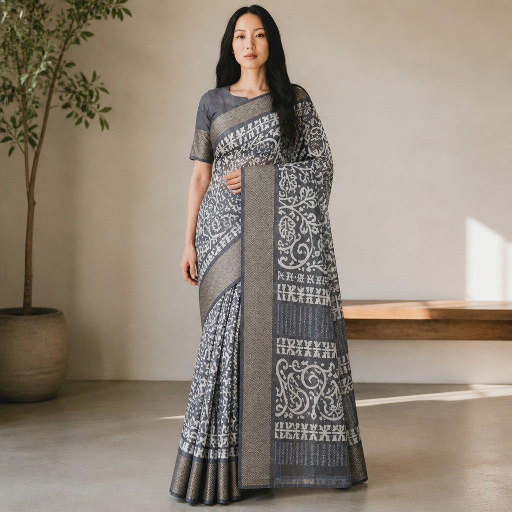 Elegant Grey & White Printed Saree with Rich Gold Zari Border