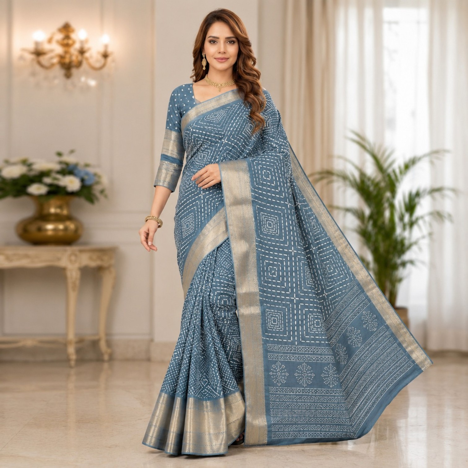Elegant Dusty Blue Printed Saree with Silver Zari Border