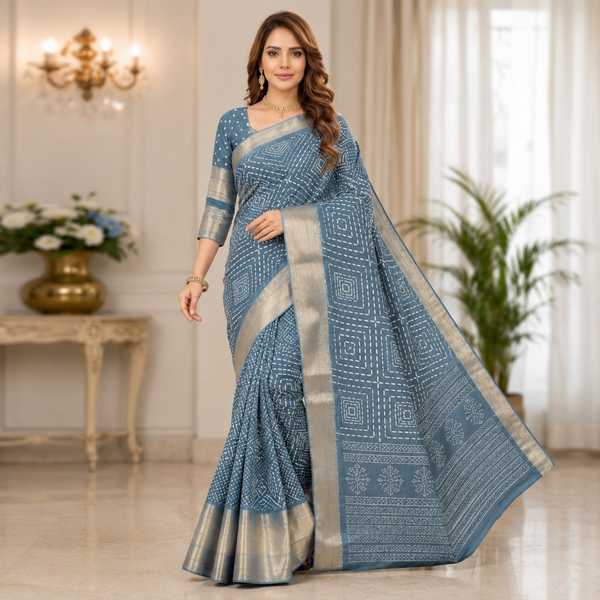 Elegant Dusty Blue Printed Saree with Silver Zari Border