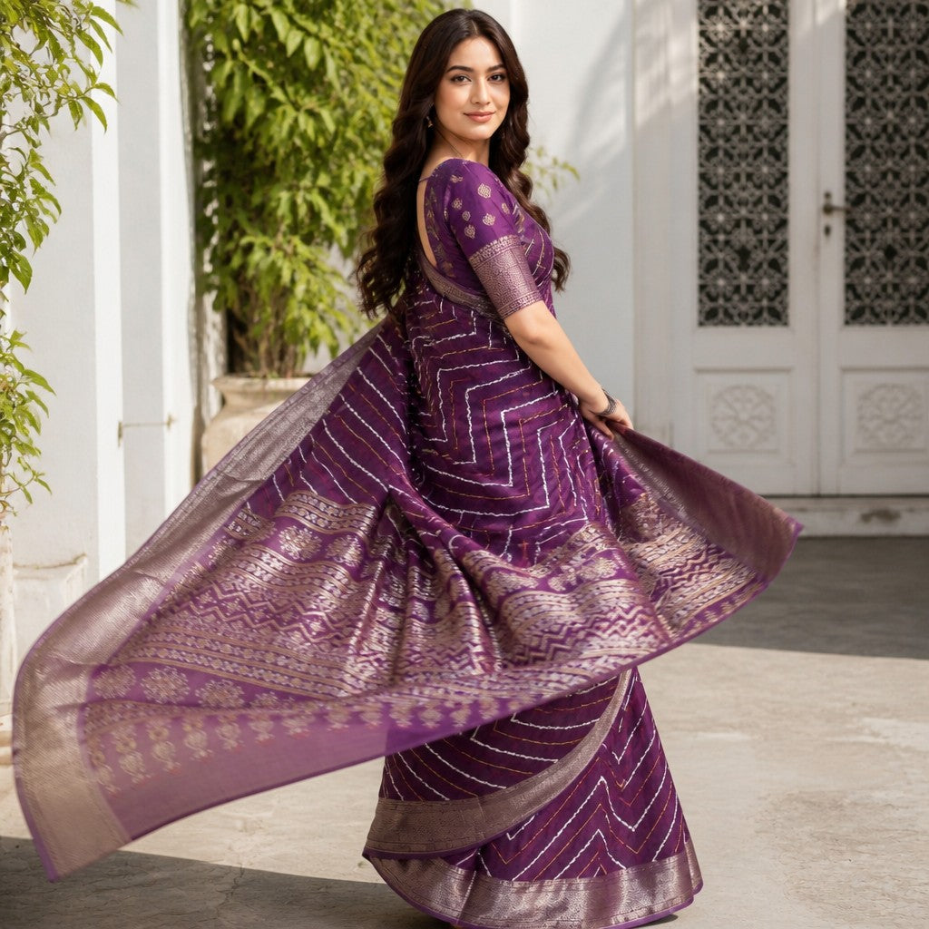 Elegant Wine Purple Printed Saree with Rich Zari Border