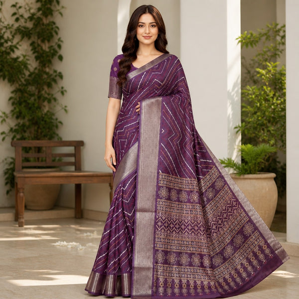 Elegant Wine Purple Printed Saree with Rich Zari Border