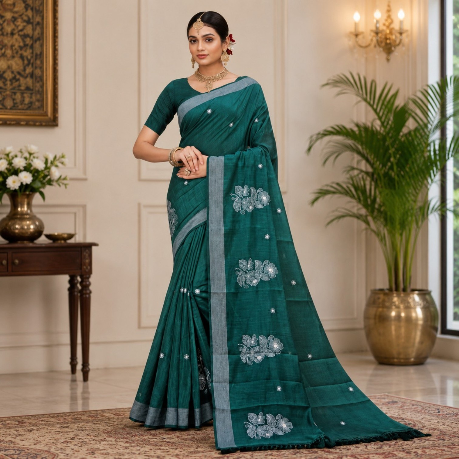Elegant Teal Embroidered Saree with Silver Floral Motifs