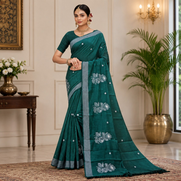 Elegant Teal Embroidered Saree with Silver Floral Motifs