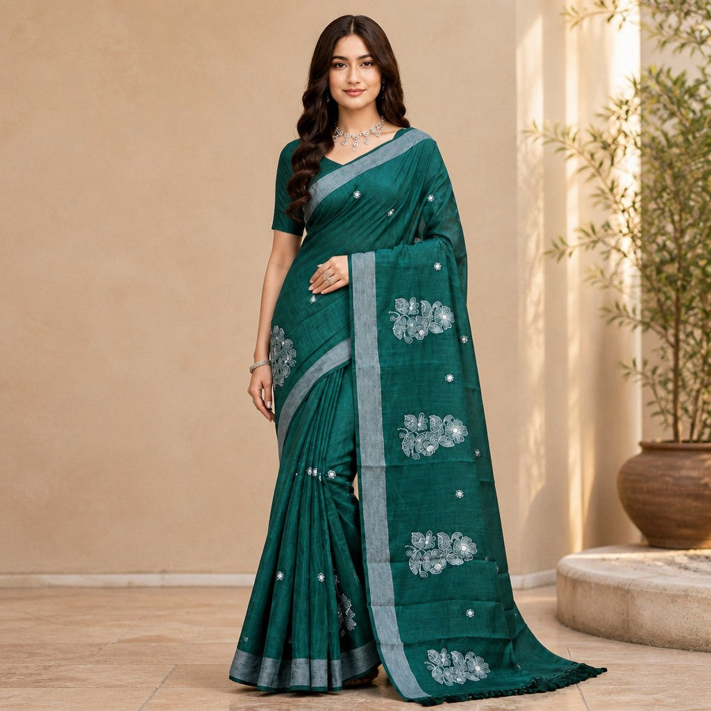 Elegant Teal Embroidered Saree with Silver Floral Motifs