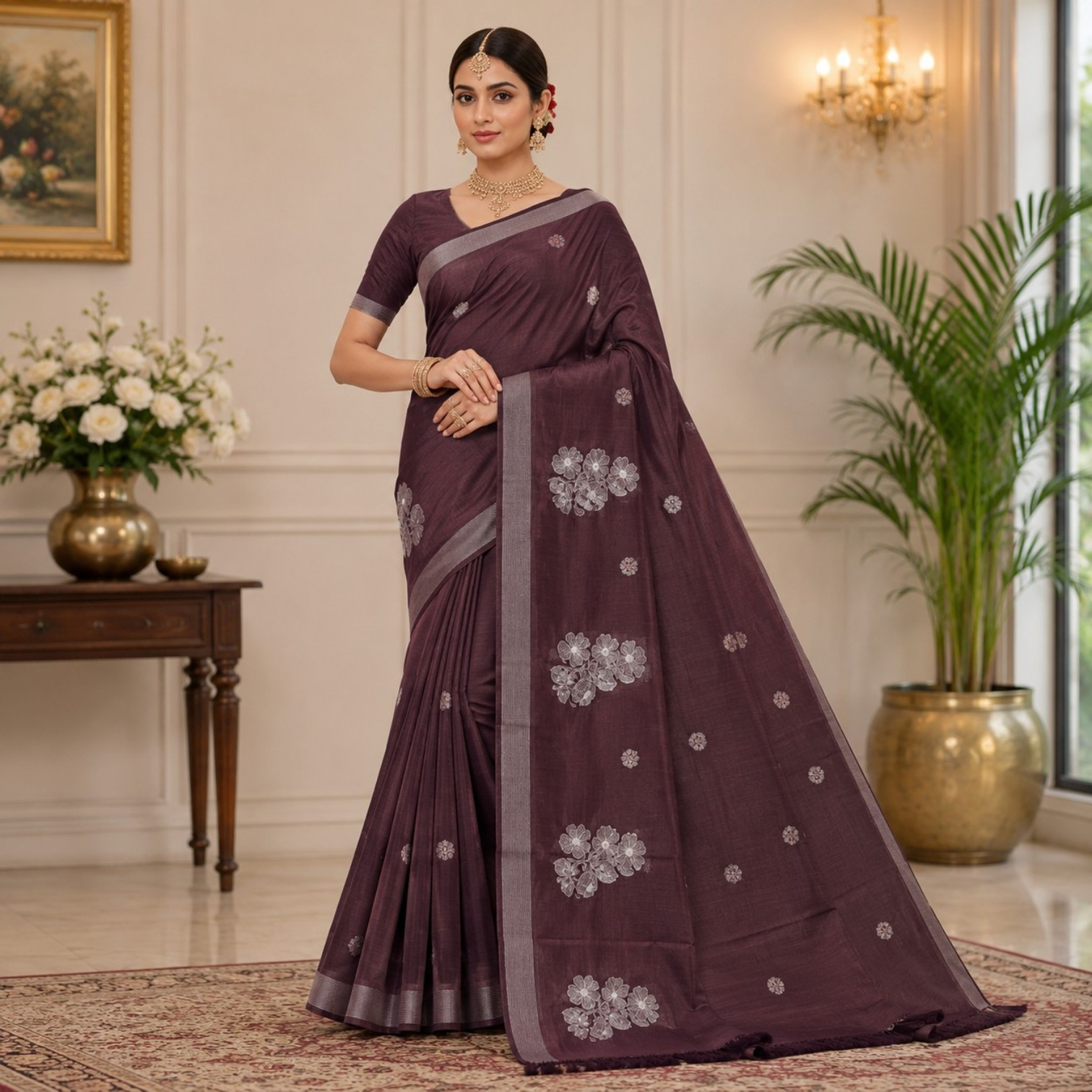 Elegant Deep Plum Floral Embroidered Silk Saree with Silver Zari Border