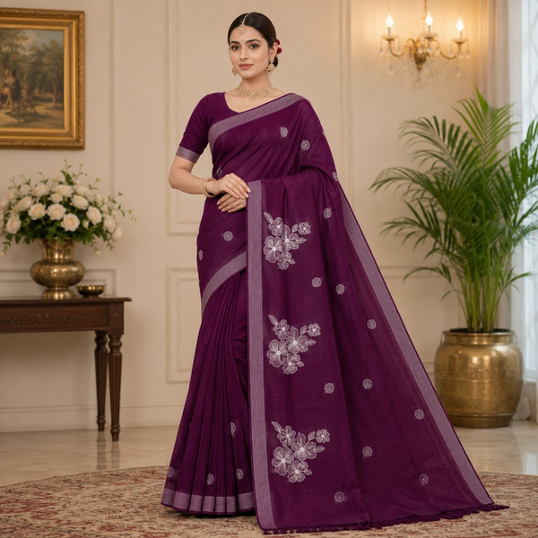 Elegant Deep Wine Purple Floral Embroidered Silk Saree with Silver Zari Border