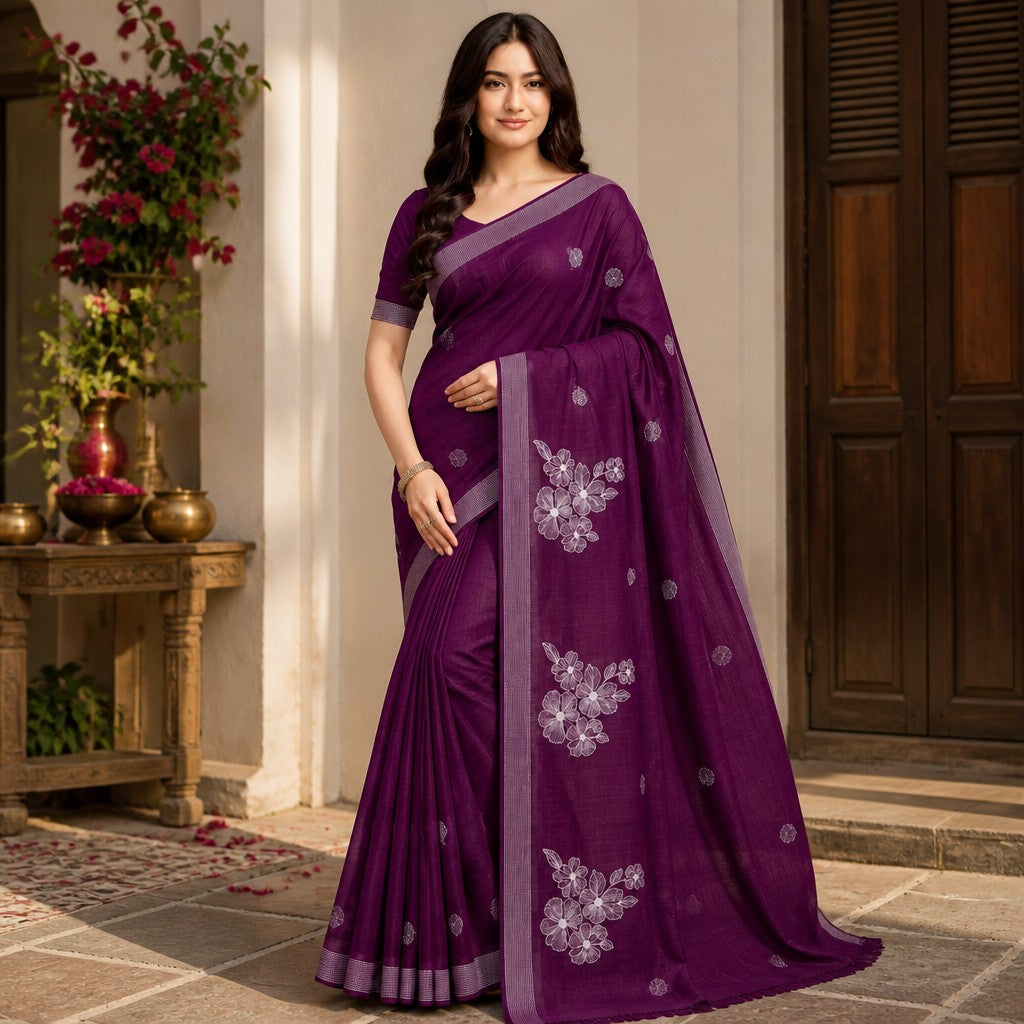 Elegant Deep Wine Purple Floral Embroidered Silk Saree with Silver Zari Border
