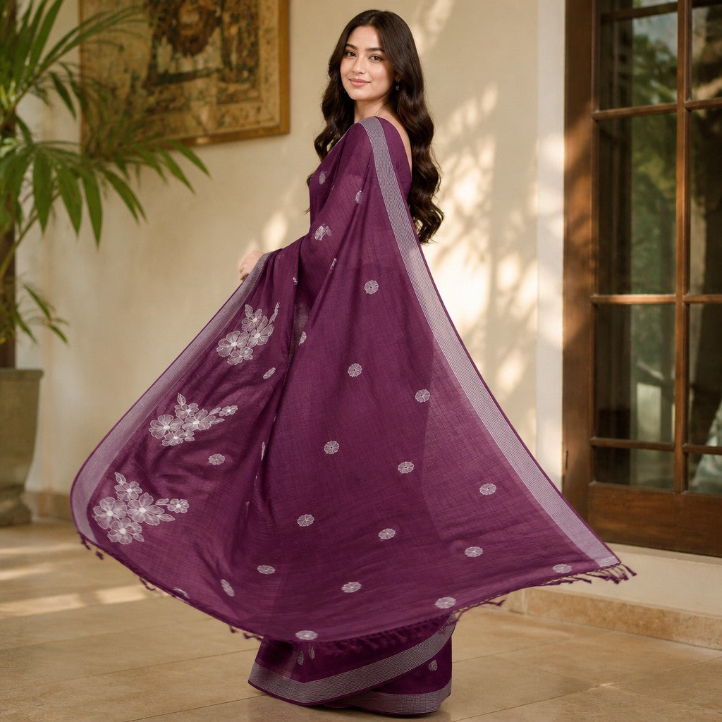 Elegant Deep Wine Purple Floral Embroidered Silk Saree with Silver Zari Border