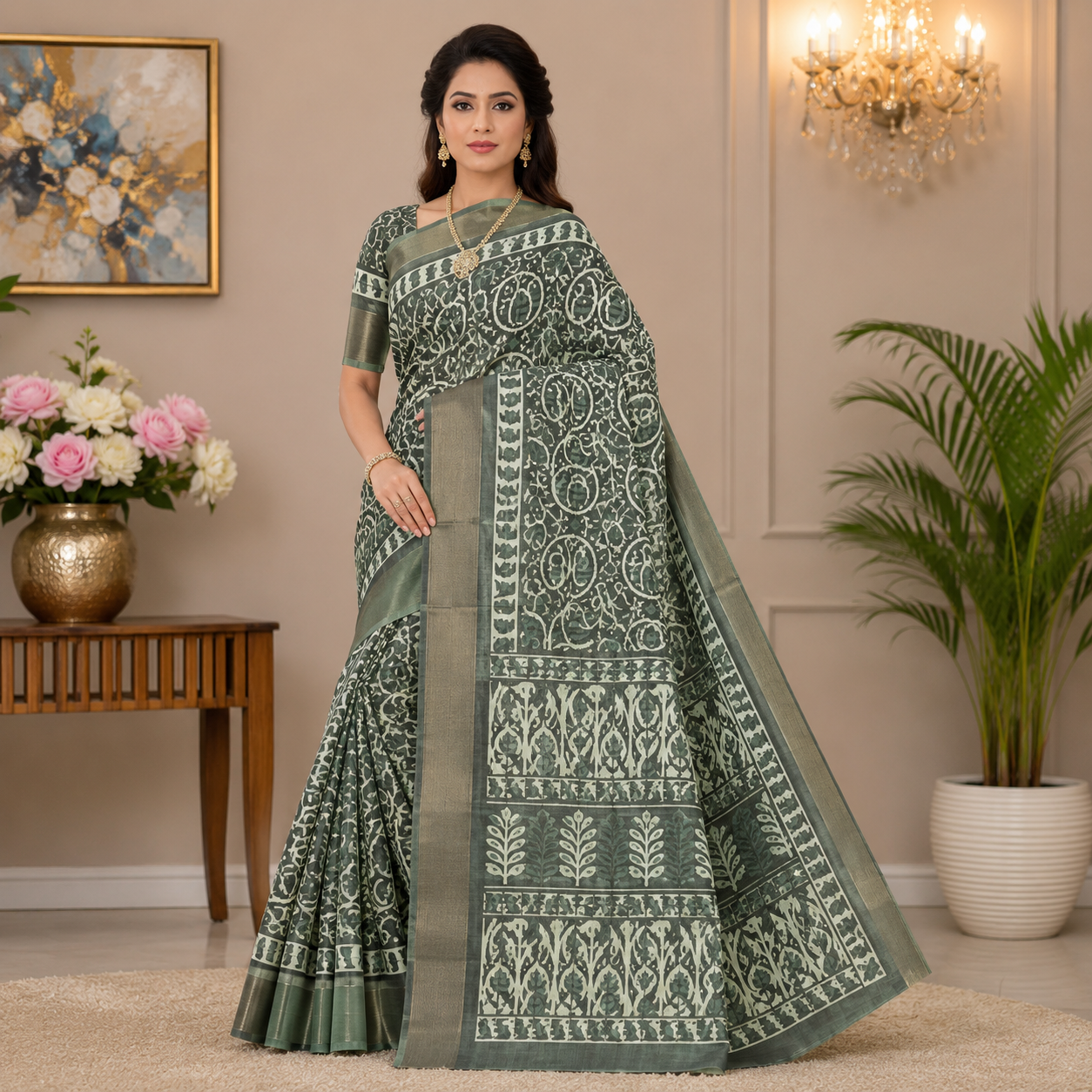 Elegant Sage Green Printed Saree with Rich Woven Border
