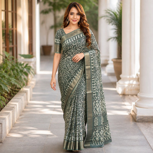 Elegant Sage Green Printed Saree with Rich Woven Border
