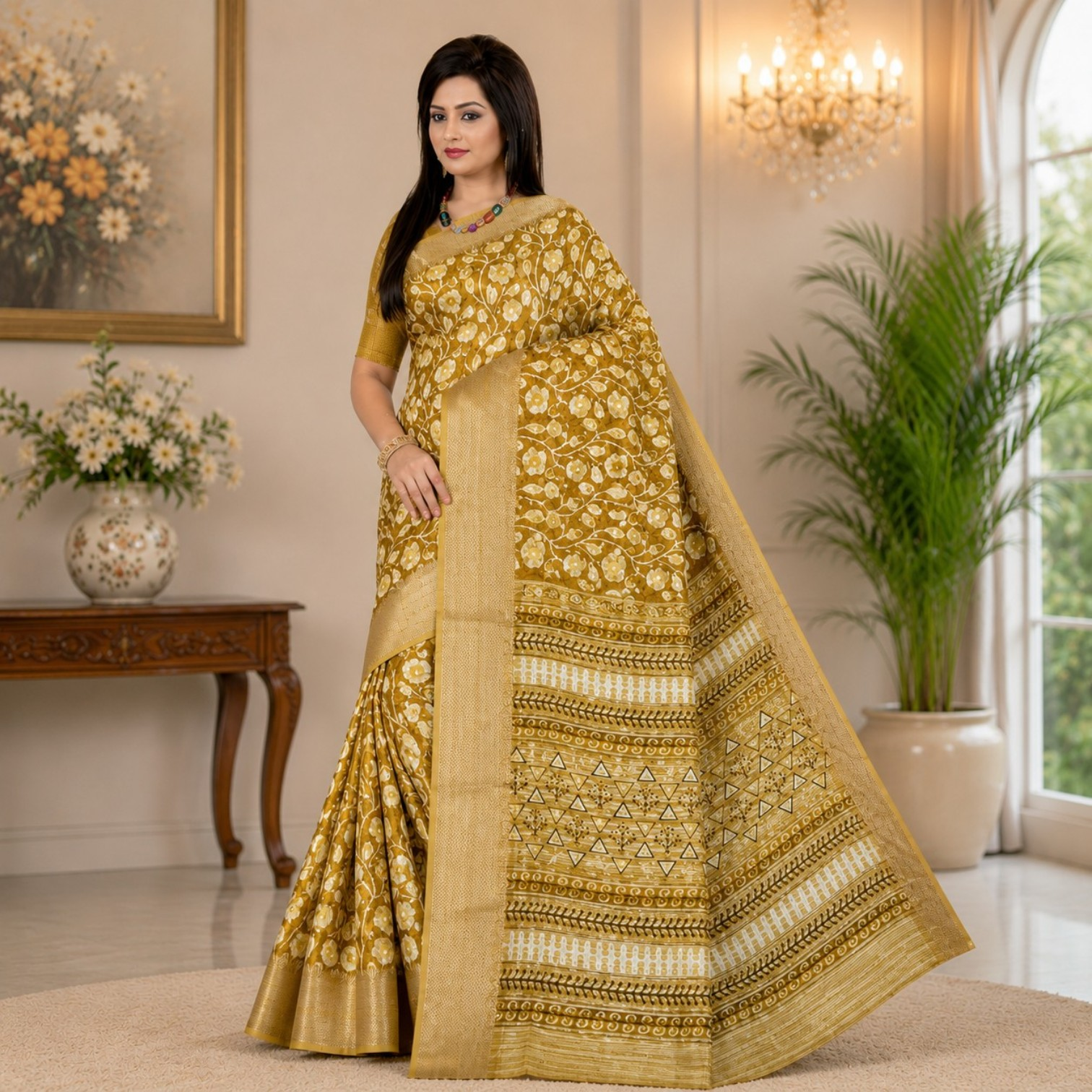 Mustard Gold Floral Printed Saree with Elegant Woven Border
