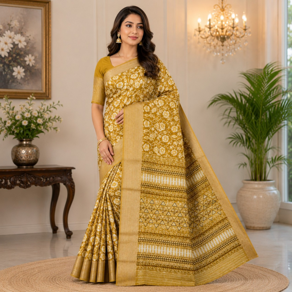 Mustard Gold Floral Printed Saree with Elegant Woven Border