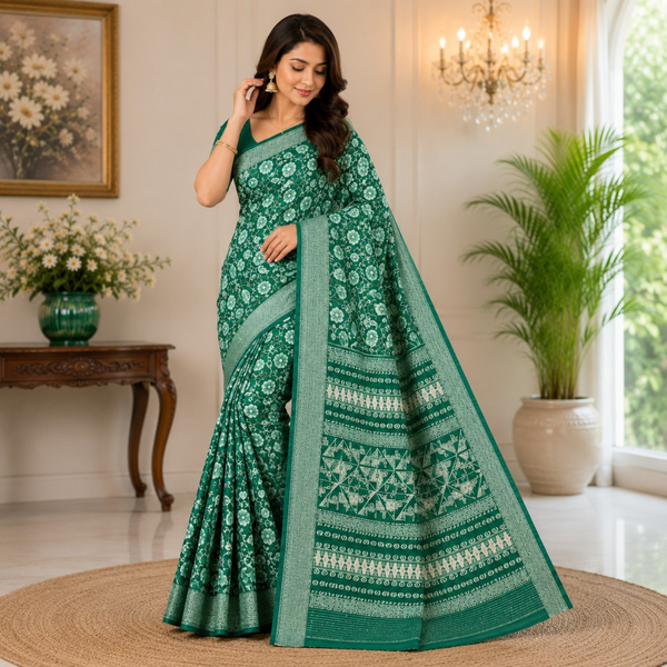 Emerald Green Floral Printed Saree with Elegant Woven Border