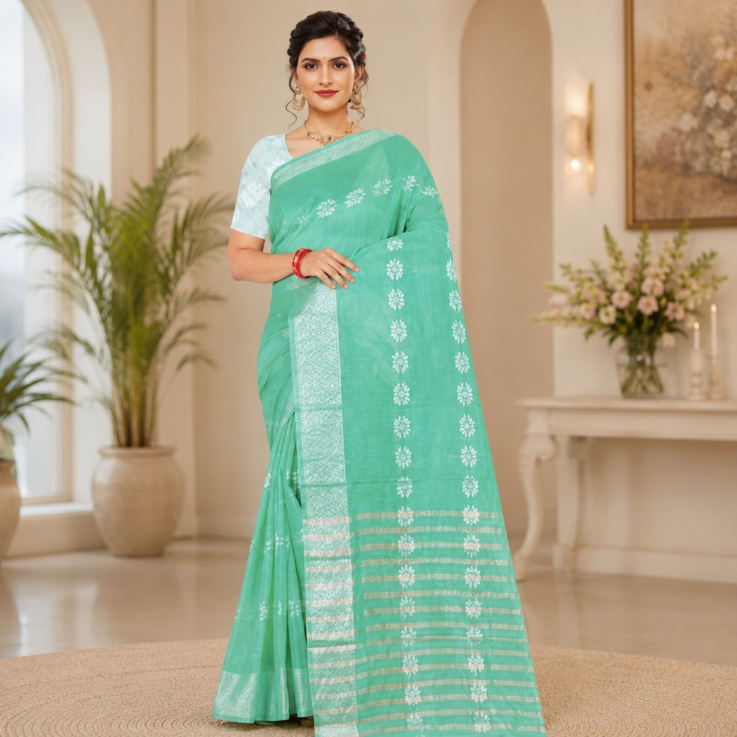 Graceful Mint Green Soft Silk Saree with Delicate Butta Weaving & Silver Zari Border