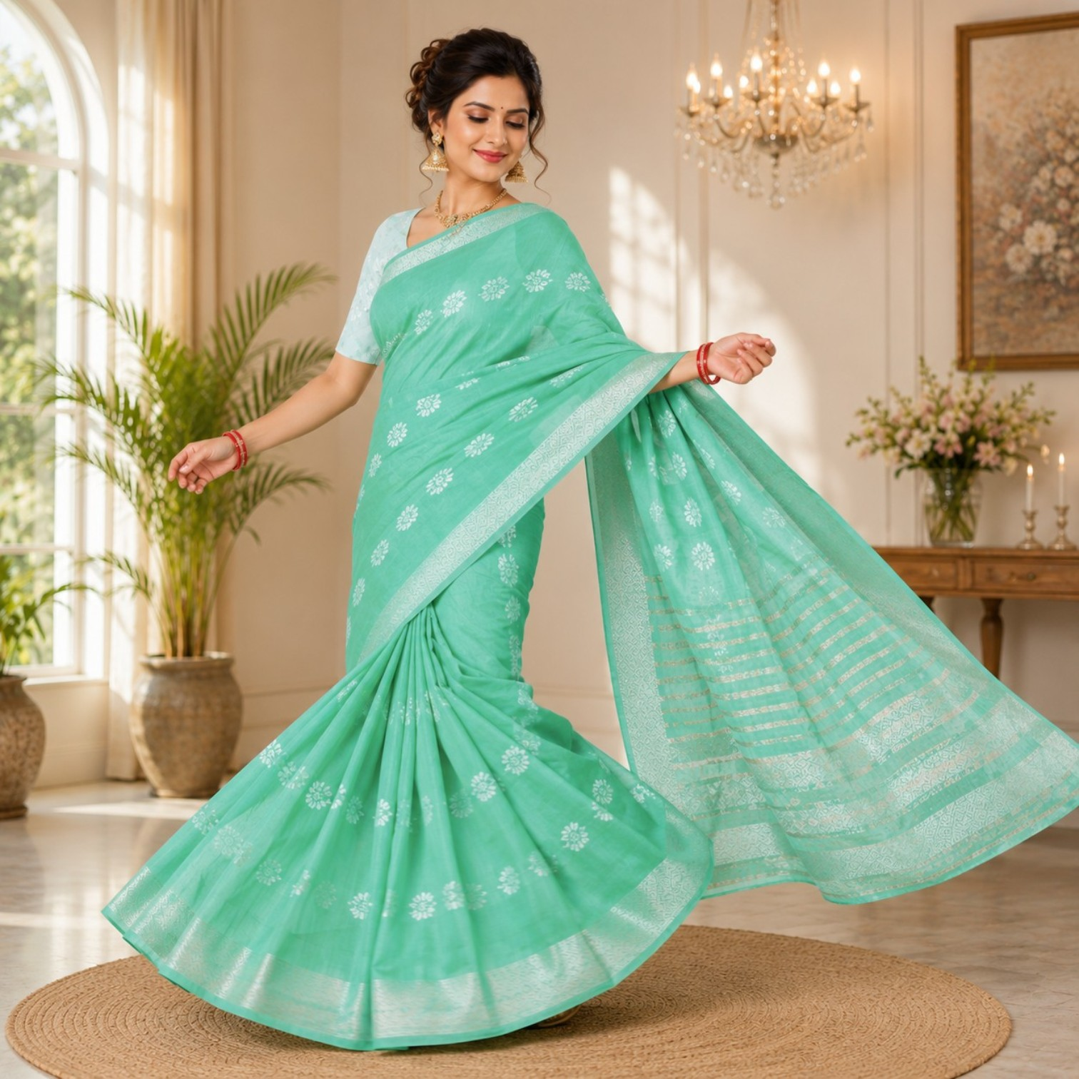 Graceful Mint Green Soft Silk Saree with Delicate Butta Weaving & Silver Zari Border