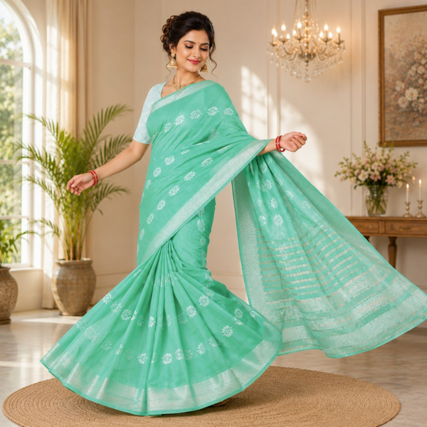 Graceful Mint Green Soft Silk Saree with Delicate Butta Weaving & Silver Zari Border
