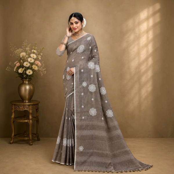 Elegant Taupe Embroidered Linen Blend Saree with White Floral Motifs