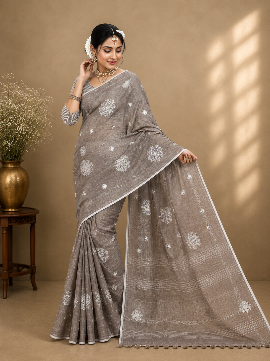 Elegant Taupe Embroidered Linen Blend Saree with White Floral Motifs