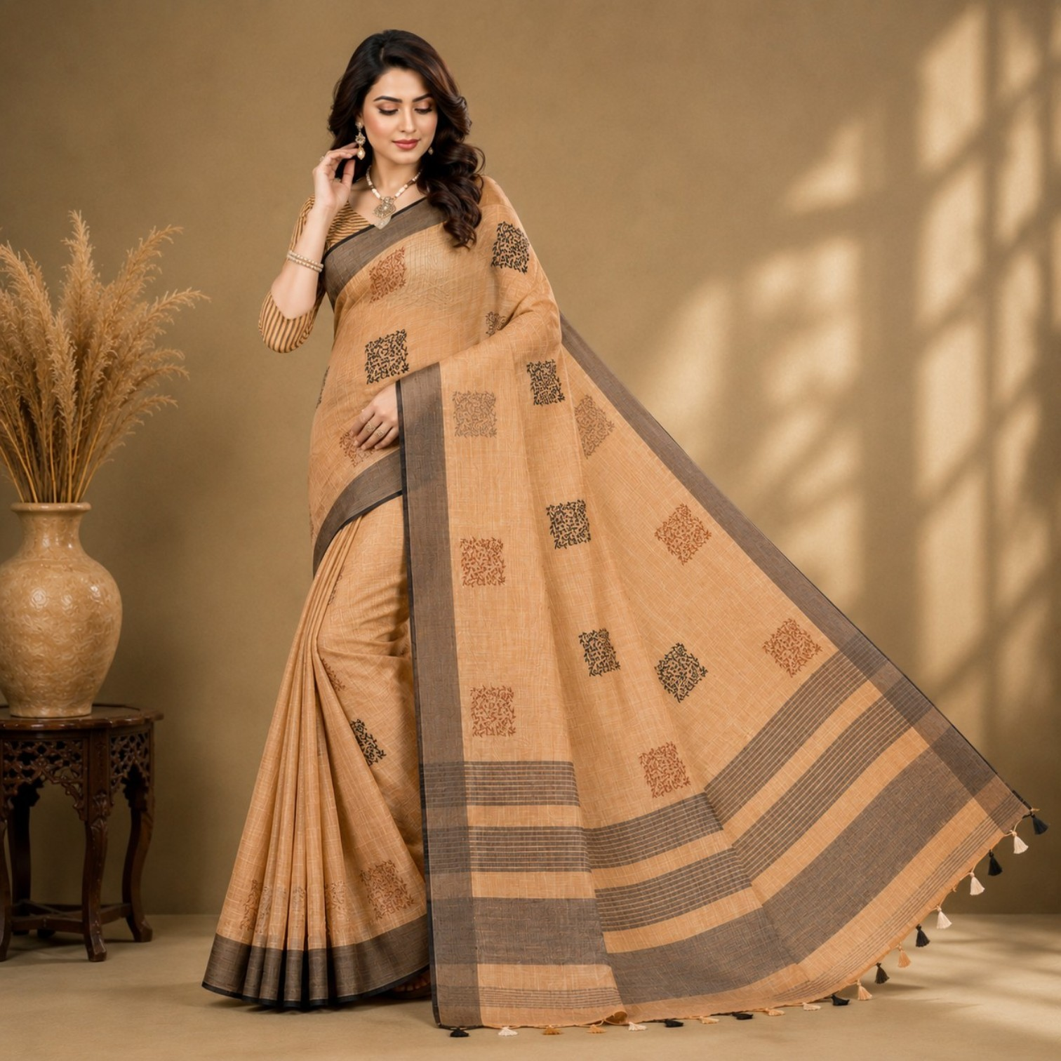 Elegant Beige Linen Blend Saree with Rustic Block Motif Print