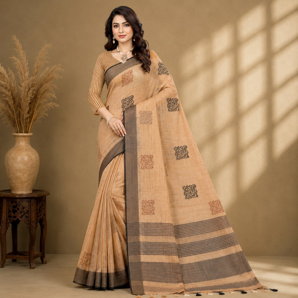 Elegant Beige Linen Blend Saree with Rustic Block Motif Print