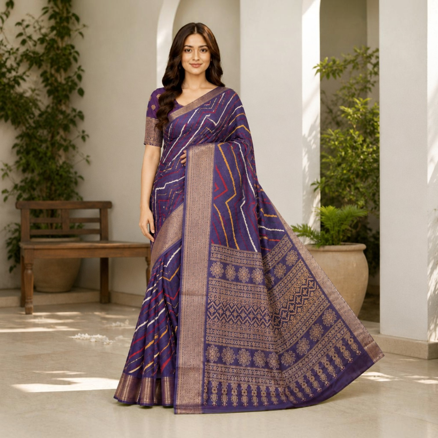Royal Purple Traditional Silk Blend Saree with Geometric Weave & Zari Border