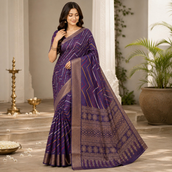 Royal Purple Traditional Silk Blend Saree with Geometric Weave & Zari Border