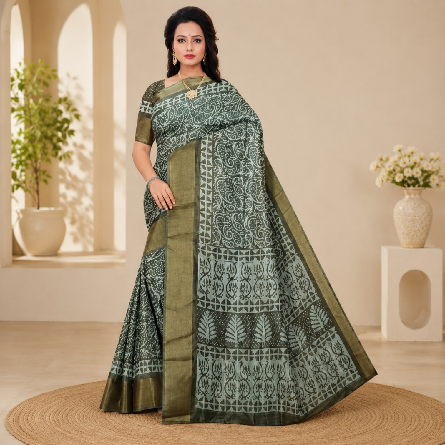 Elegant Olive Green Printed Cotton Silk Saree with Traditional Woven Border