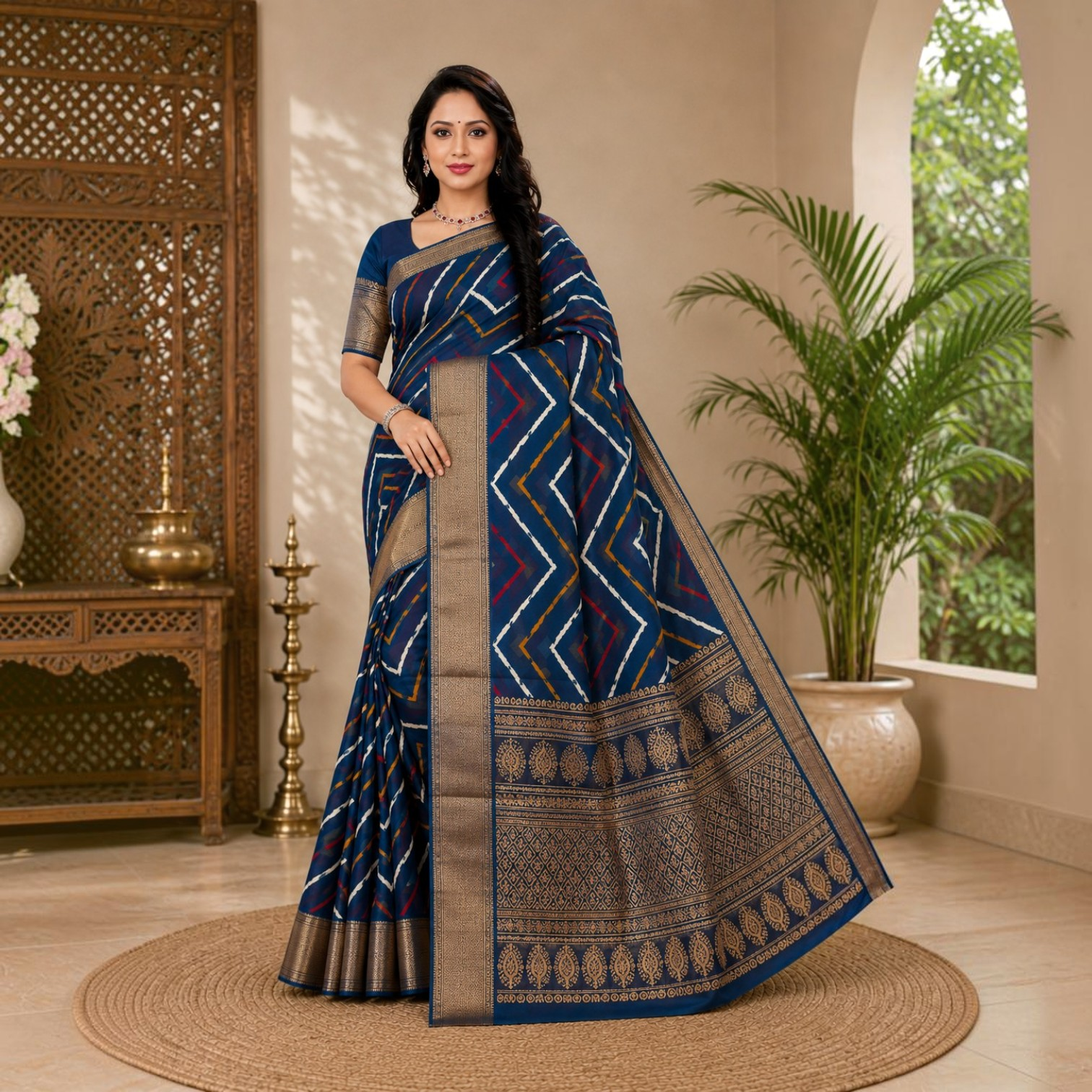 Royal Navy Blue Printed Silk Blend Saree with Traditional Zari Border