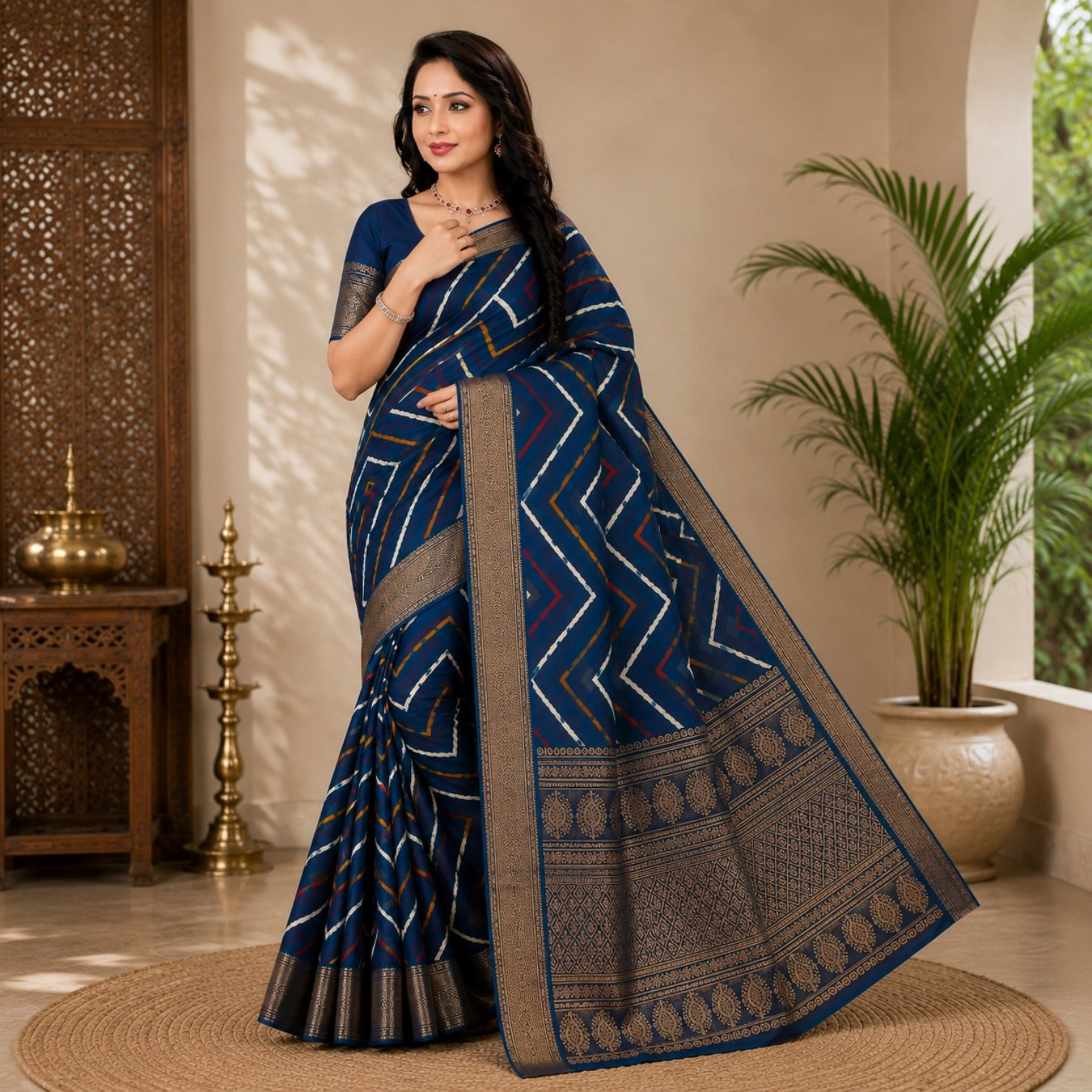 Royal Navy Blue Printed Silk Blend Saree with Traditional Zari Border