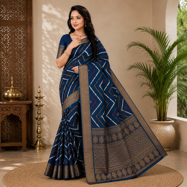 Royal Navy Blue Printed Silk Blend Saree with Traditional Zari Border