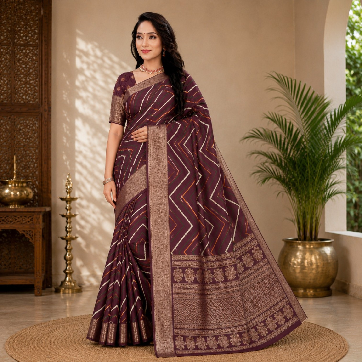 Elegant Maroon Printed Silk Blend Saree with Traditional Zari Woven Border