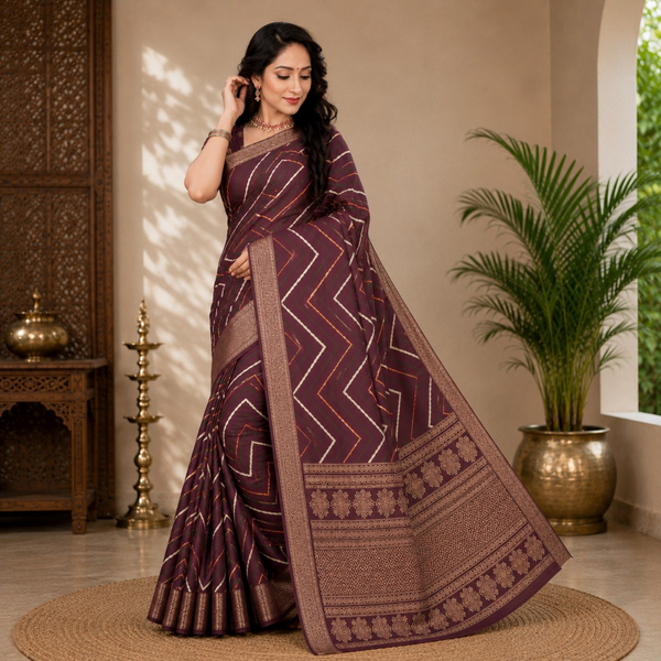 Elegant Maroon Printed Silk Blend Saree with Traditional Zari Woven Border