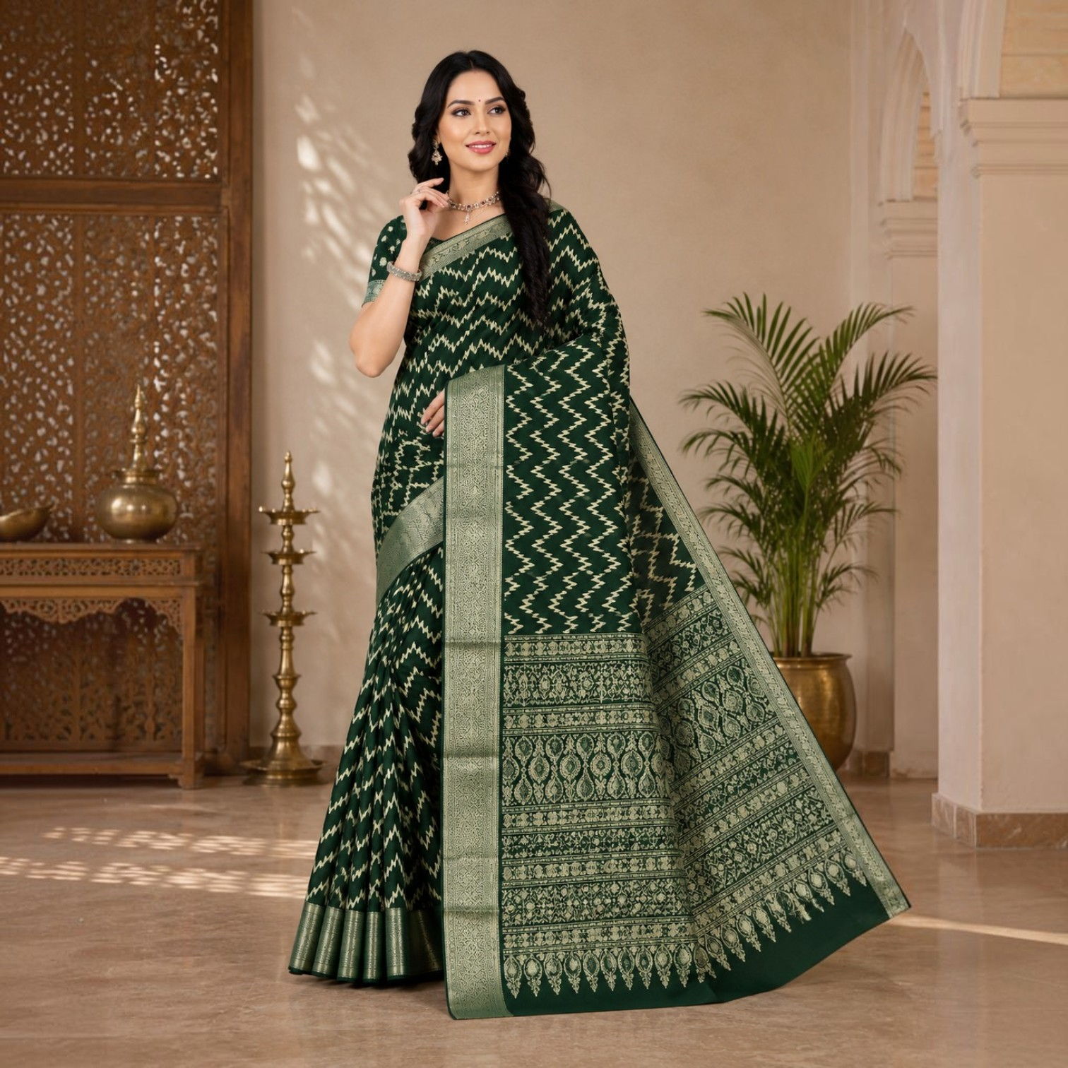 Elegant Dark Green Printed Silk Blend Saree with Traditional Woven Border