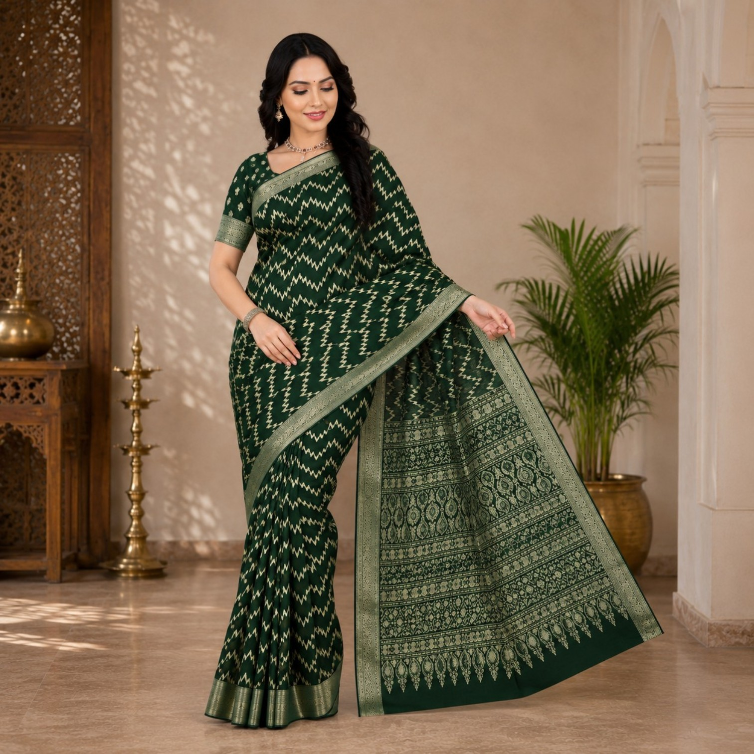 Elegant Dark Green Printed Silk Blend Saree with Traditional Woven Border