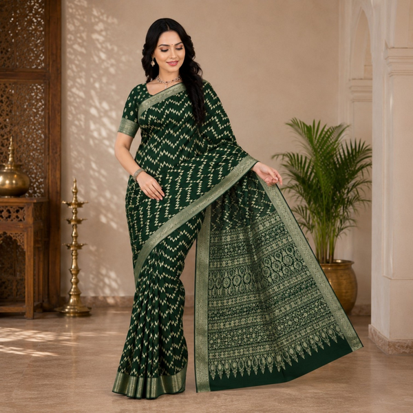 Elegant Dark Green Printed Silk Blend Saree with Traditional Woven Border