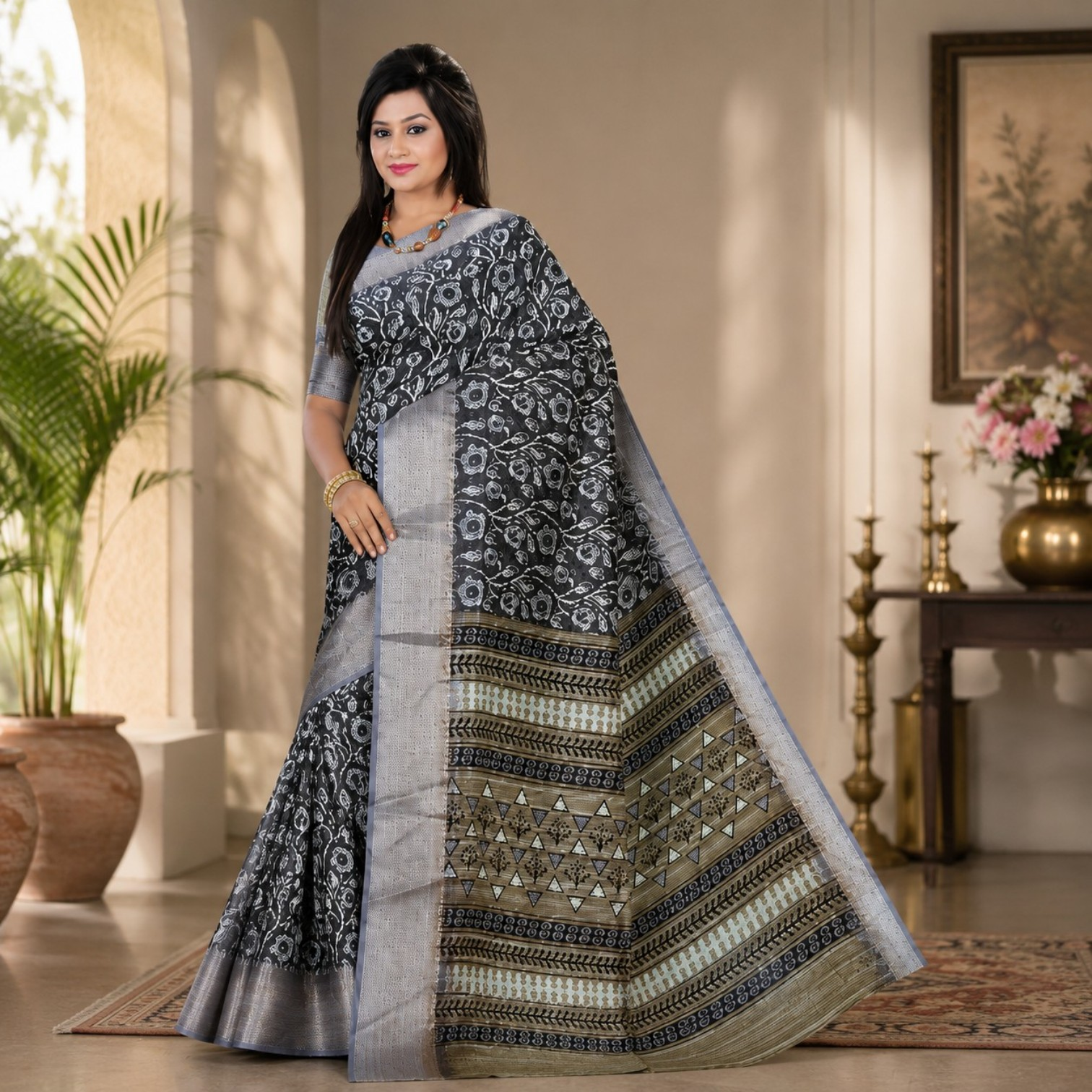 Elegant Navy Blue Printed Silk Blend Saree with Silver Zari Woven Border