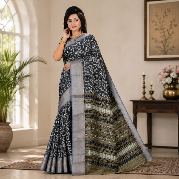 Elegant Navy Blue Printed Silk Blend Saree with Silver Zari Woven Border