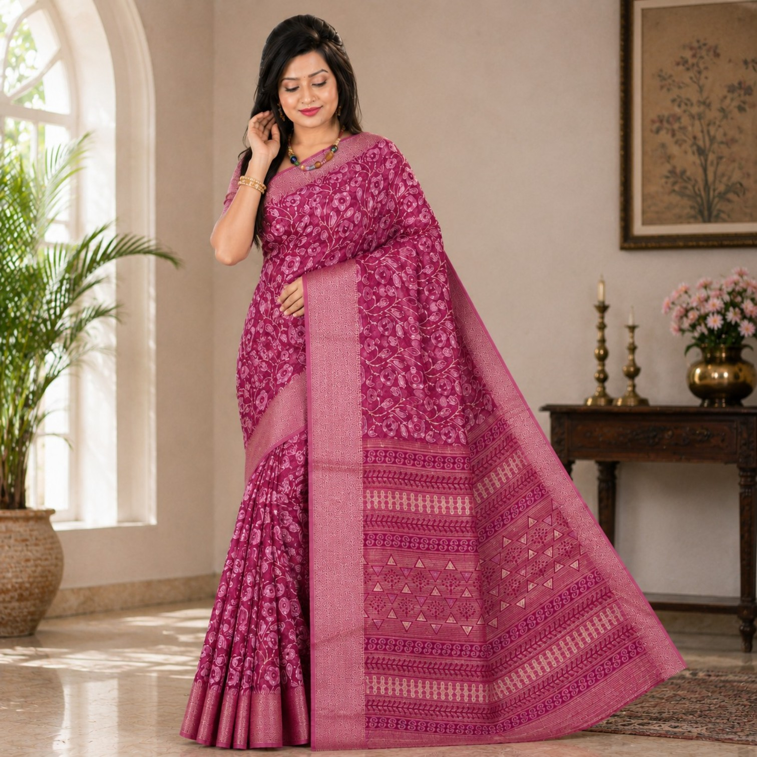Elegant Magenta Floral Printed Silk Blend Saree with Traditional Zari Border