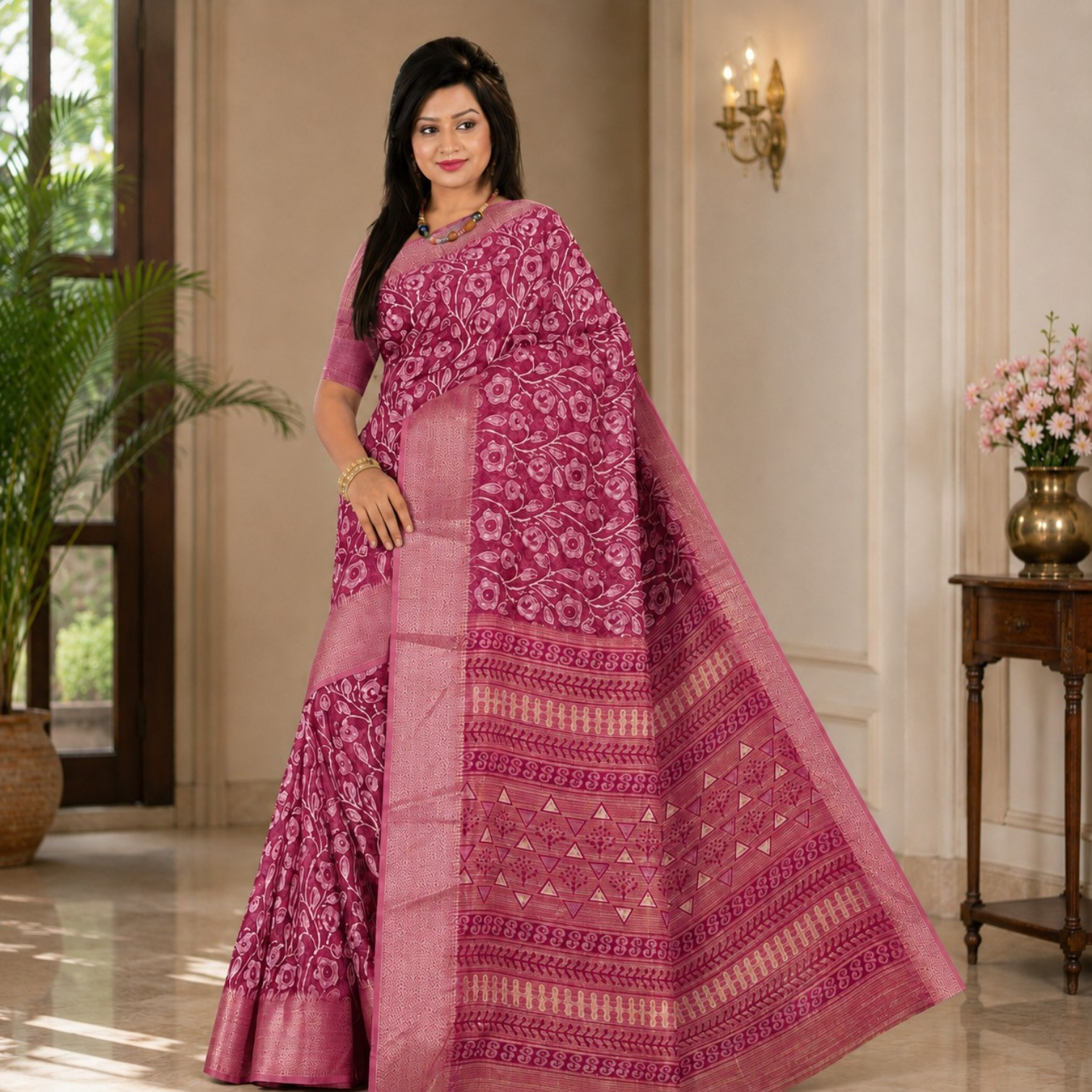 Elegant Magenta Floral Printed Silk Blend Saree with Traditional Zari Border
