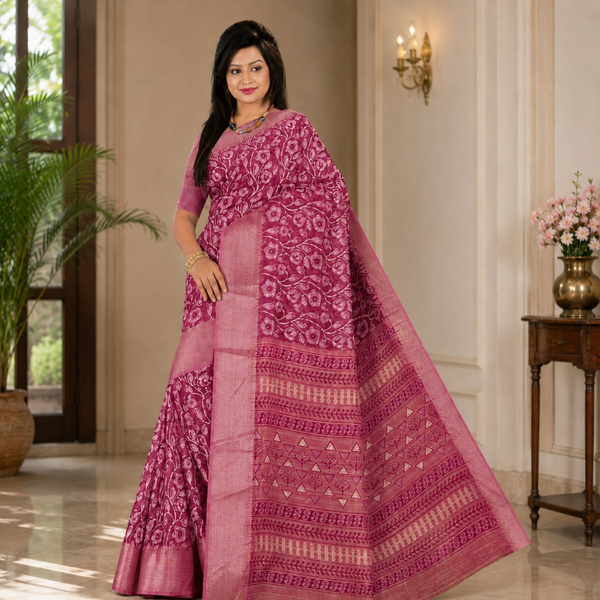 Elegant Magenta Floral Printed Silk Blend Saree with Traditional Zari Border